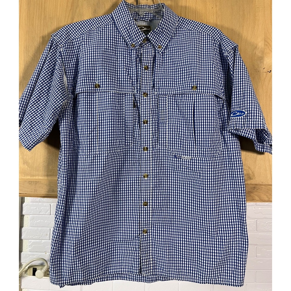Drake Waterfowl Shirt Mens Medium Blue Gingham Vented Fishing Pockets